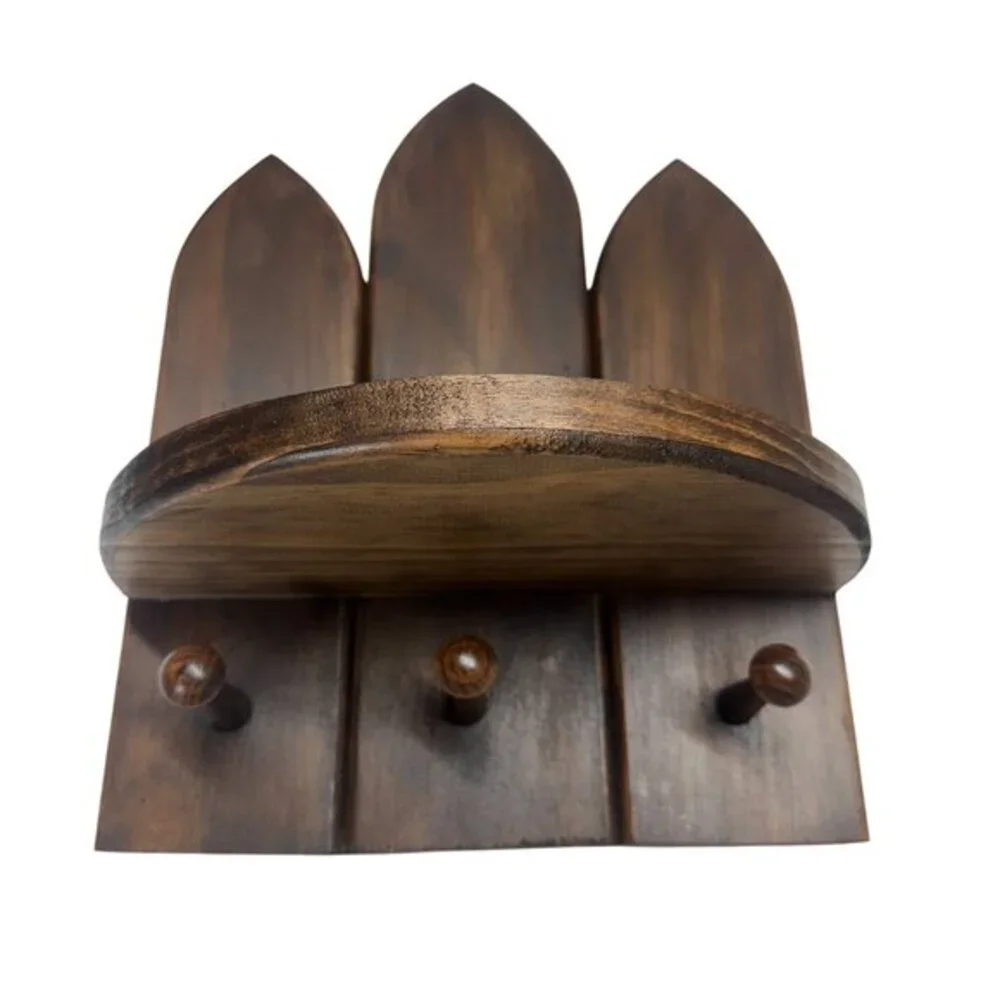 Handmade Gothic Cathedral Arch Wood Wall Shelf 3 Hooks Dark Walnut Witchy Altar